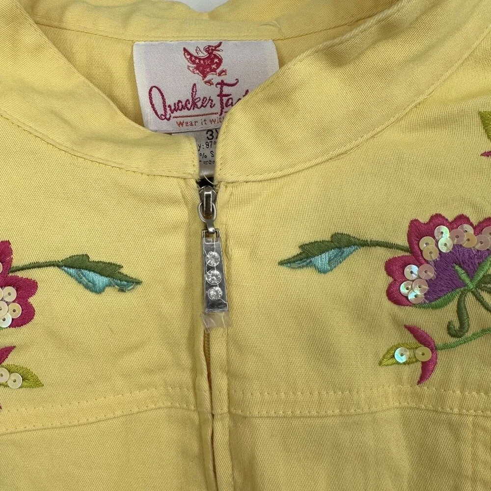 Quacker Factory Yellow Zip‎ Up Jacket Embroidered Butterfly Garden Size 3X